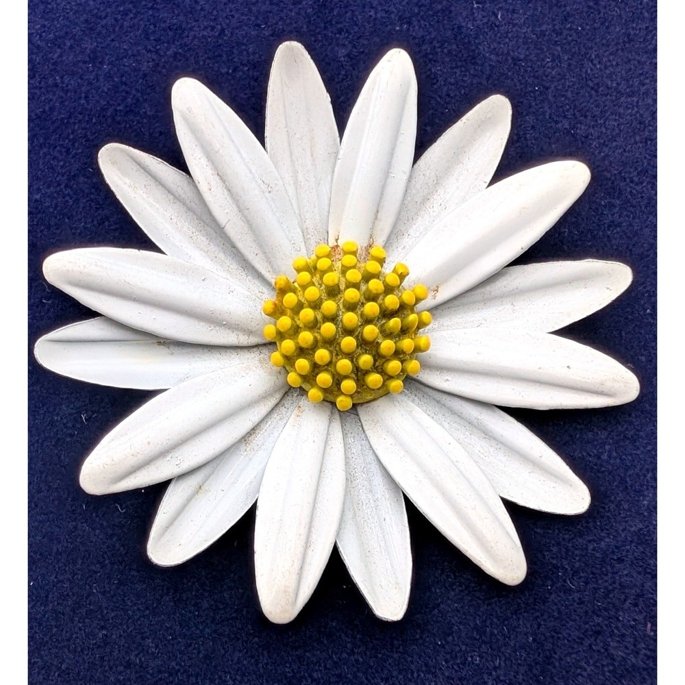 Vintage White Enamel Daisy Brooch Pin Yellow Center Floral Retro Mid Century